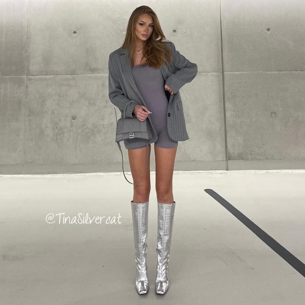 BLOGGER'S FAVE! Zara Embossed Square Toe High Heel Knee High Boots Silver NWT - Picture 6 of 17